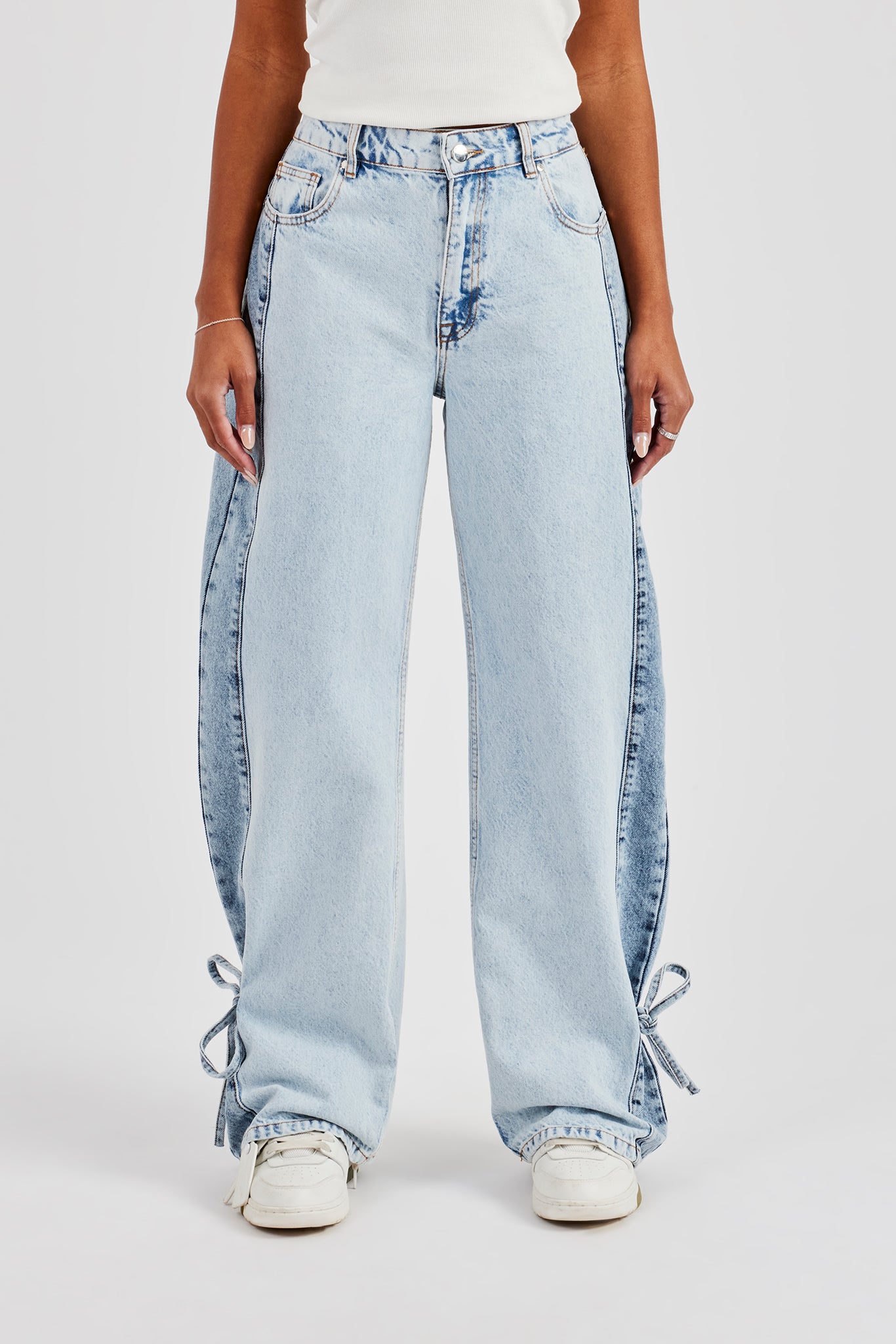 Contrast Panel Tie Bottom Baggy Jean - Ice Blue